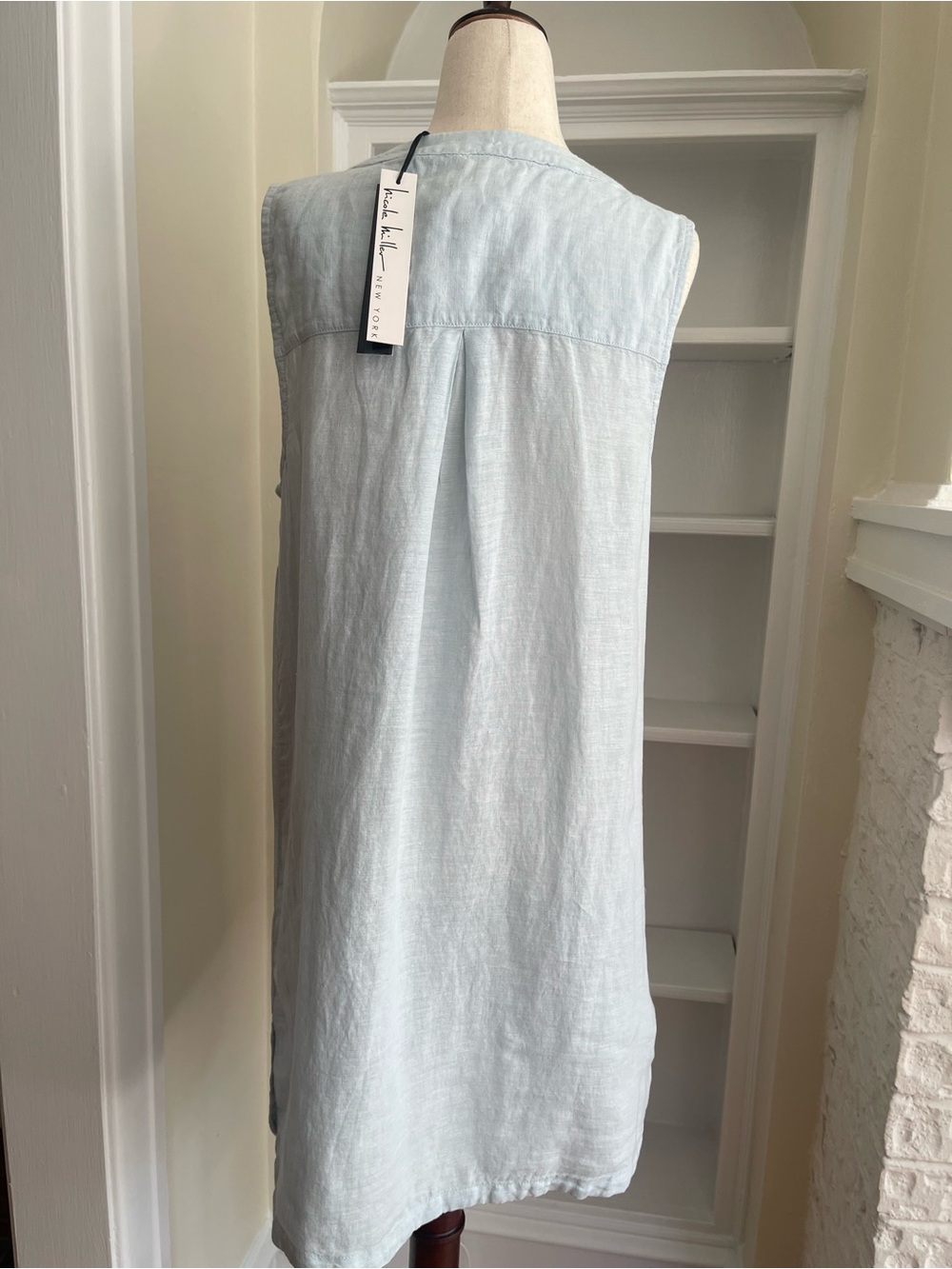Nicole Miller 100% Linen -L- Light Blue Sleeveless V-Neck Linen Dress/Tunic - Picture 6 of 11